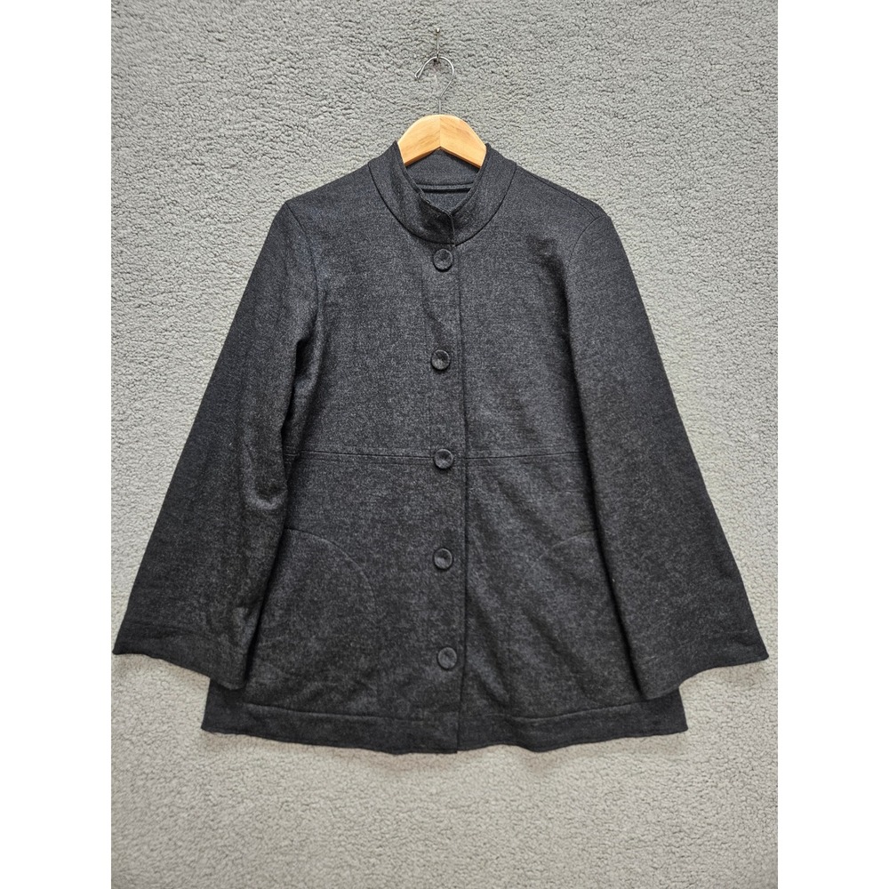 Eileen Fisher Boiled Wool Jacket Medium Gray Mock Neck Minimalist Lagenlook